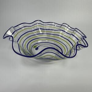 Blue Green Stripe Swirl Blown Art Glass Fluted Bowl 2.5 x 7.5" Ruffle